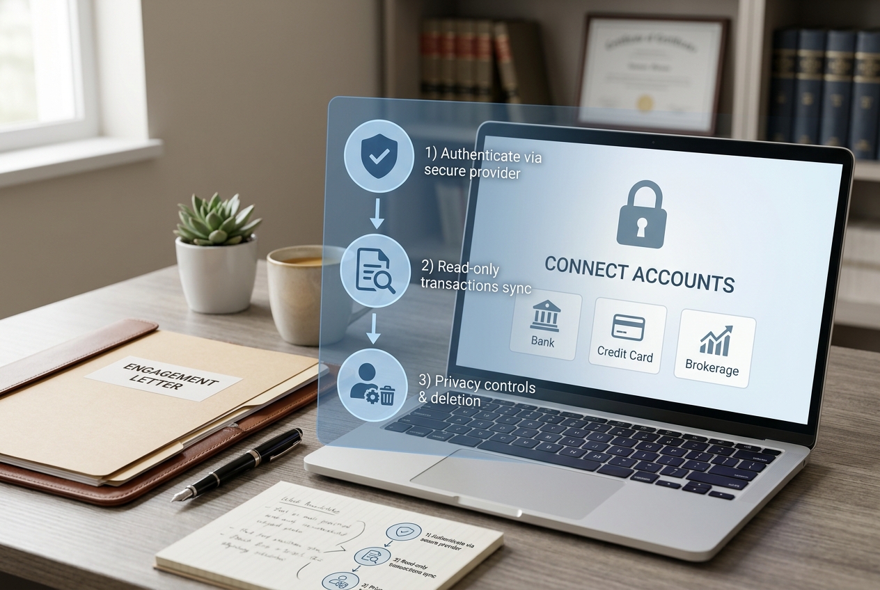 Secure Plaid account connection workflow for ChatGPT Finances showing read-only authentication