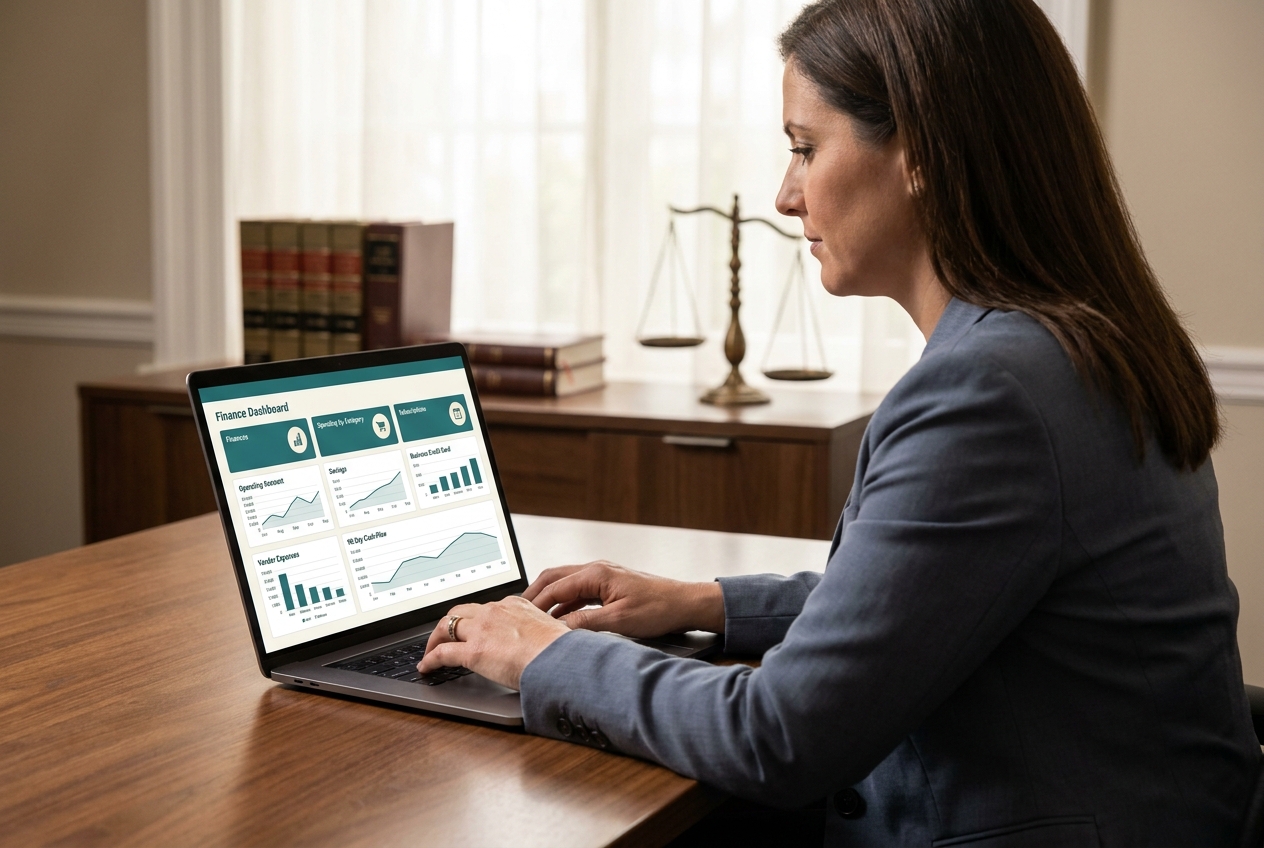 Attorney in boutique law firm reviewing ChatGPT Finances dashboard with spending categories and cash flow