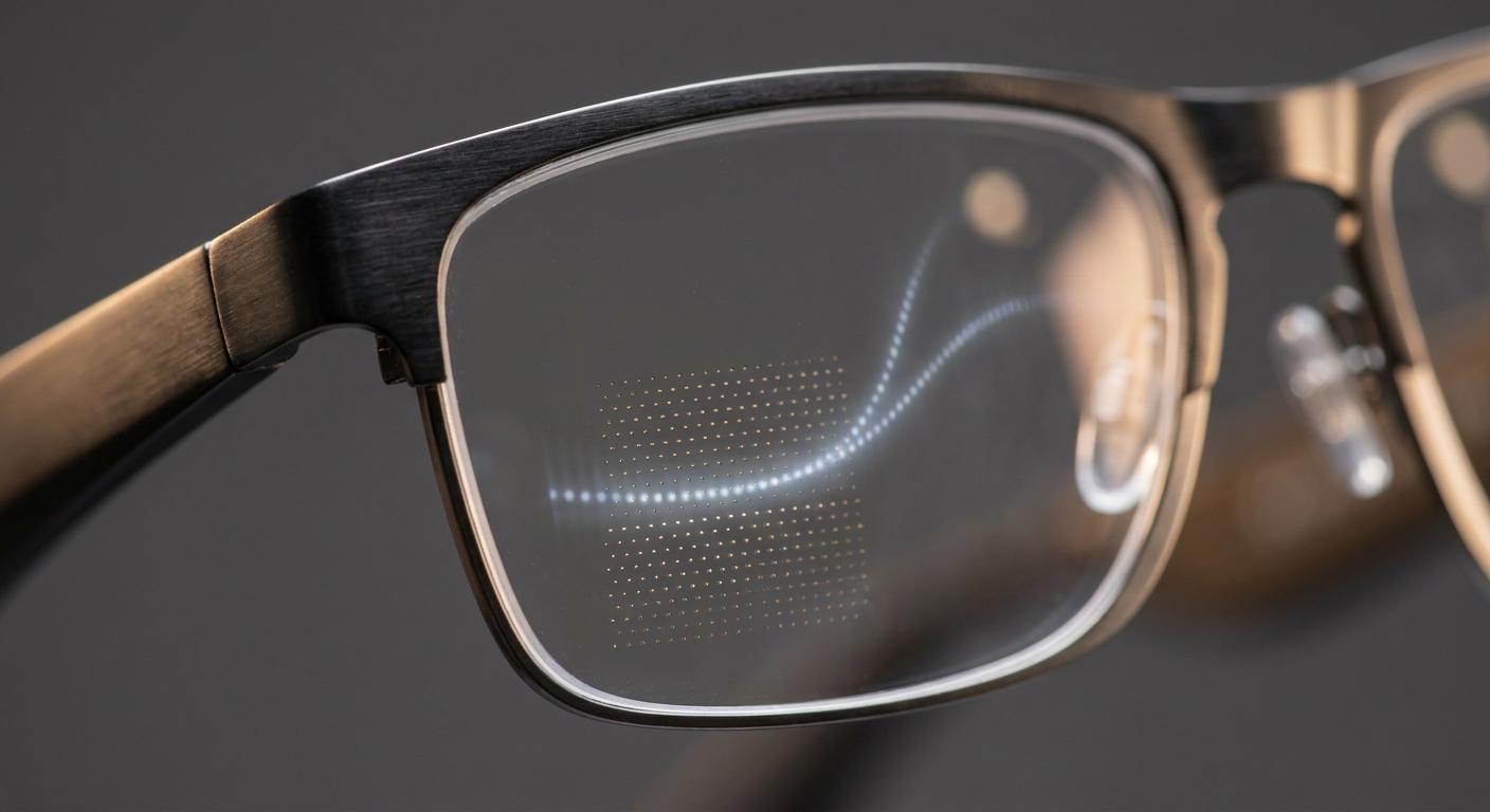 Close-up of LetinAR-style pinhole mirror array optics in AI smart glasses, illustrating compact near-eye display for small business use