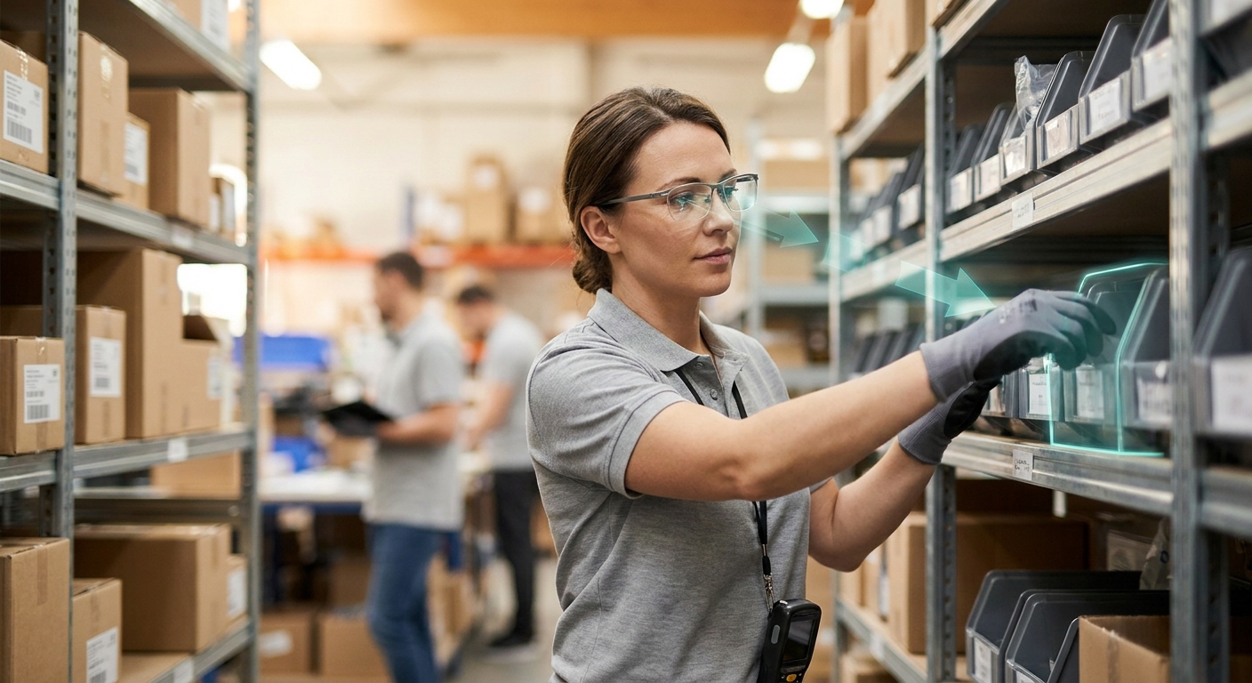 Warehouse associate using AI glasses with subtle AR indicators guiding inventory picking in a small-business environment