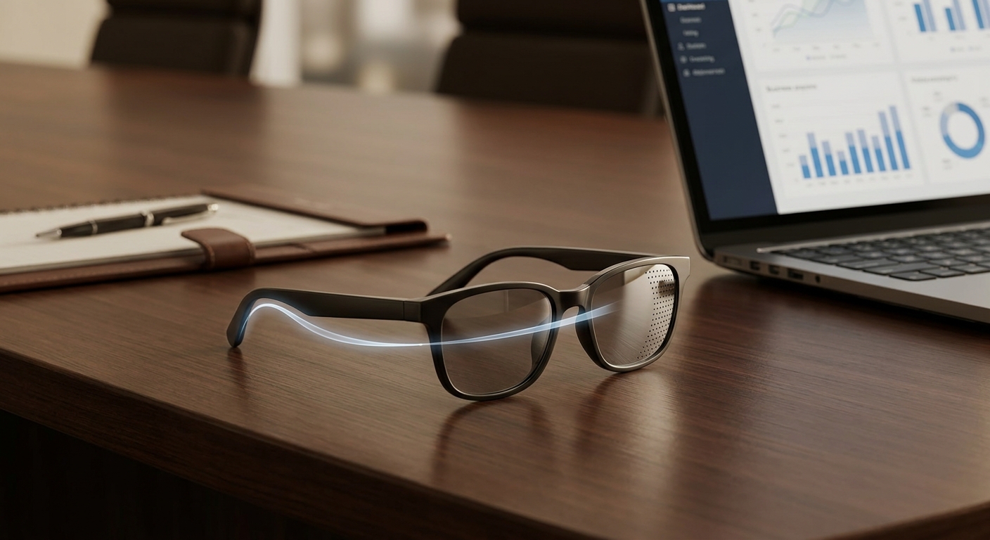 AI business glasses with subtle LetinAR-inspired optics on a conference table next to a laptop, symbolizing enterprise readiness and integration