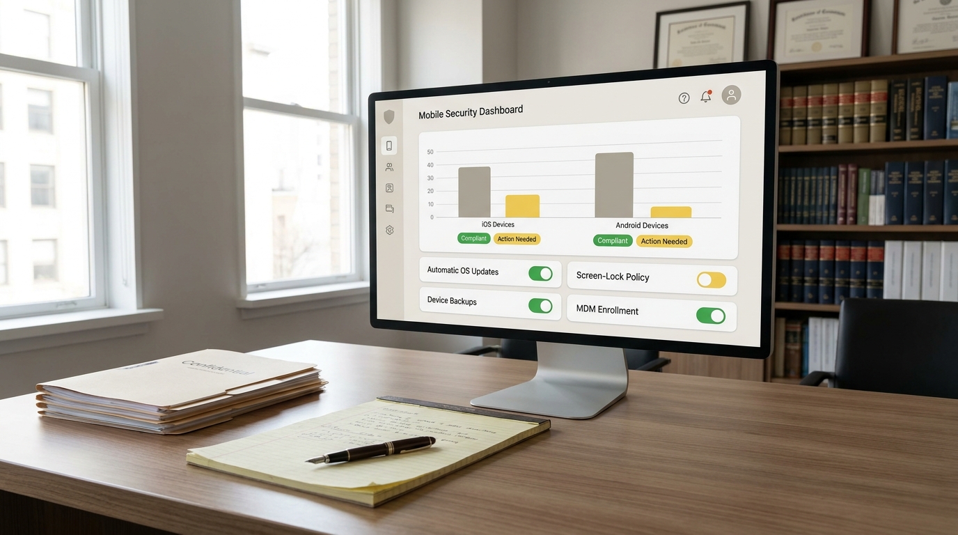 Mobile security rollout dashboard for a boutique law firm showing iOS and Android compliance, update status, and MDM enrollment