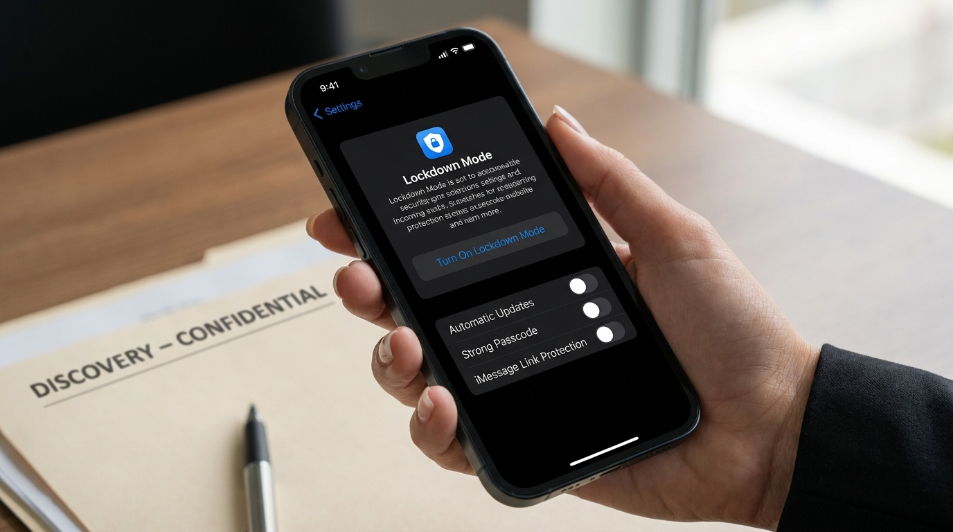 Turning on iPhone Lockdown Mode with strong passcode and automatic updates for attorneys handling sensitive matters
