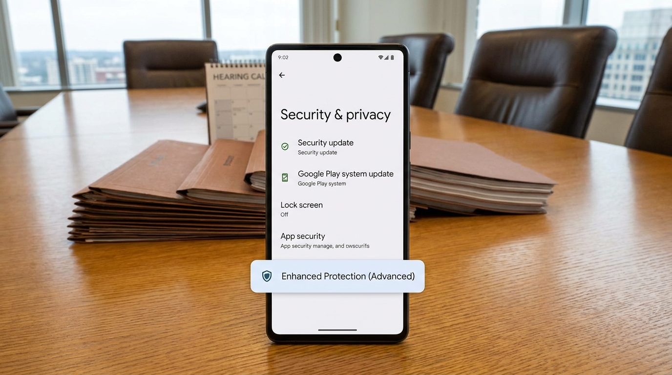 Android Security & privacy settings showing updates, app security, and enhanced protection highlighted for law firm devices