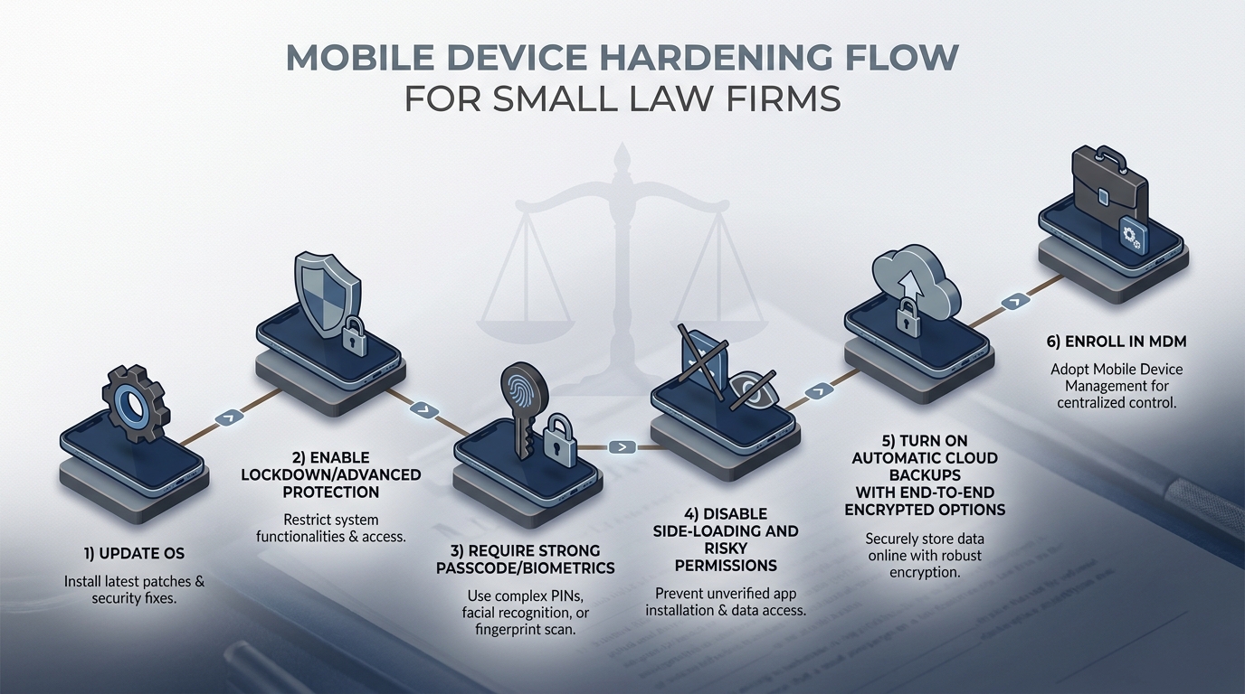 Isometric infographic of the phone hardening flow for small law firms: update OS, enable lockdown or advanced protection, require strong passcodes, block side-loading, enforce encrypted backups, and enroll in MDM
