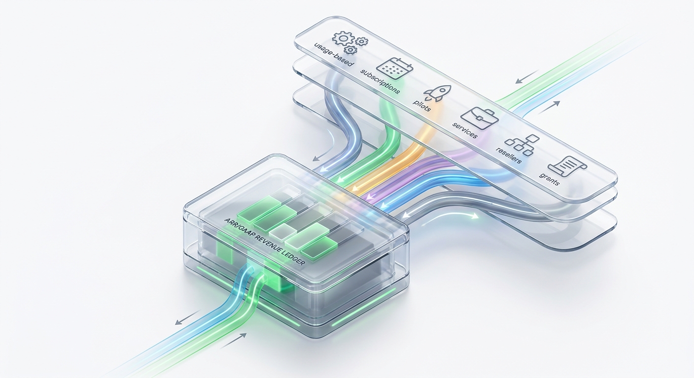 Isometric illustration of AI startup revenue streams flowing into a GAAP revenue ledger: subscriptions, usage, pilots, services, channels, and grants