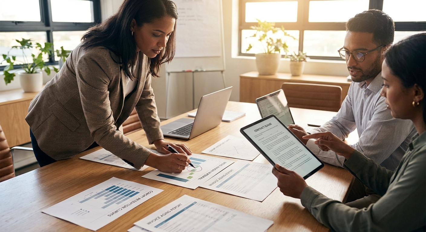 Due diligence team reviewing AI startup invoices, cohort retention curves, and an invoice aging report