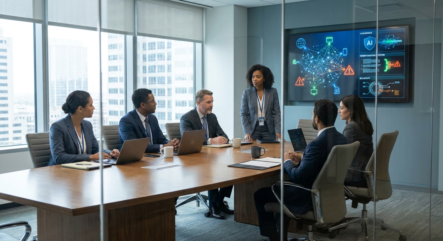 Law firm team reviewing AI security dashboard with alerts and guardrails