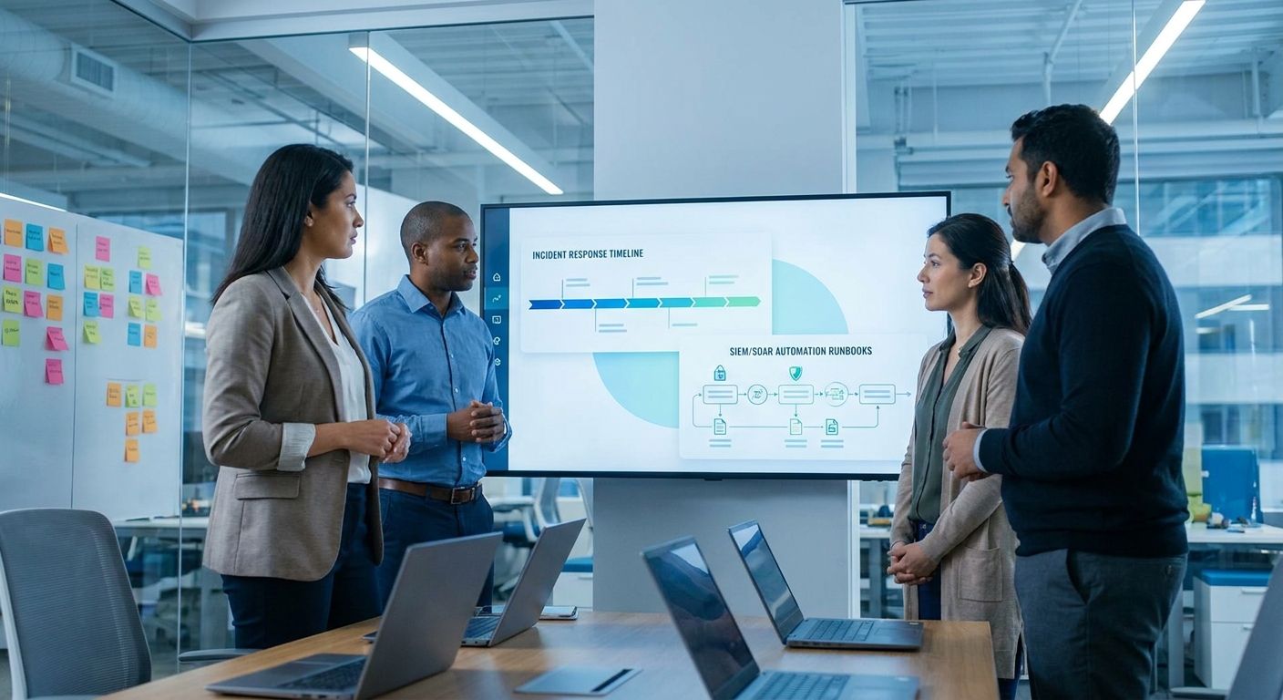 Small business security huddle reviewing real-time SIEM and SOAR runbooks for AI incidents