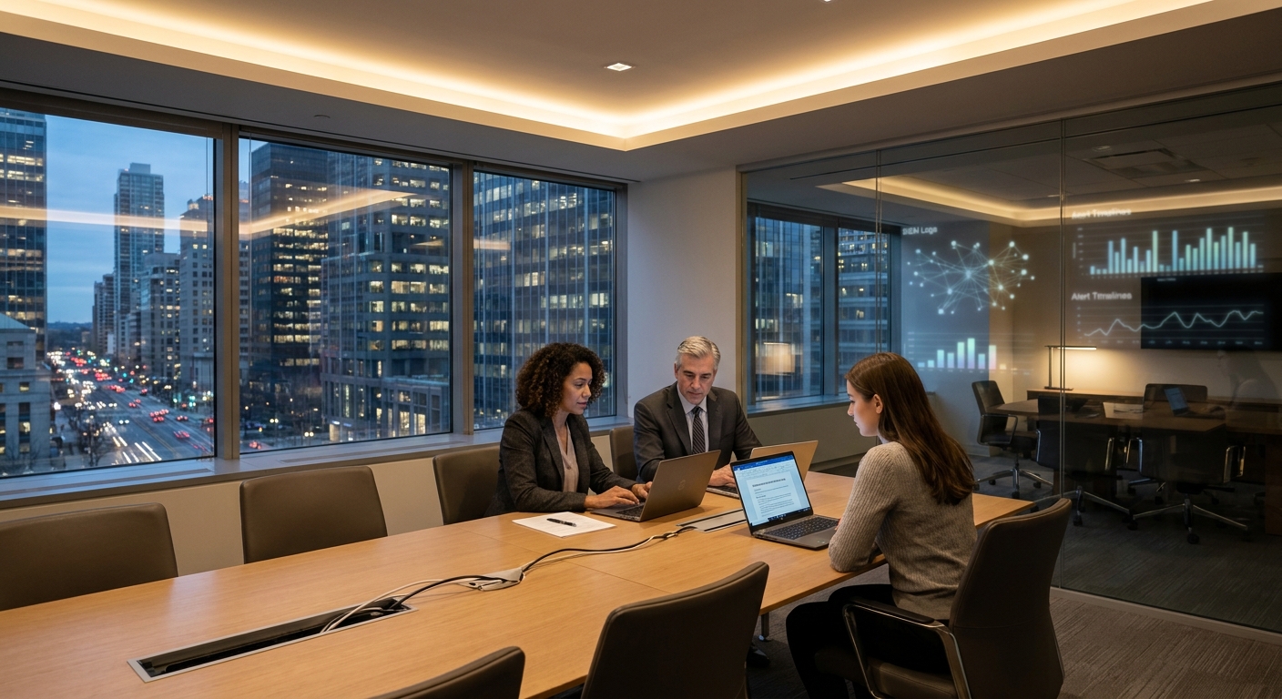 Law firm partners and operations manager reviewing a cybersecurity incident response plan in a modern conference room