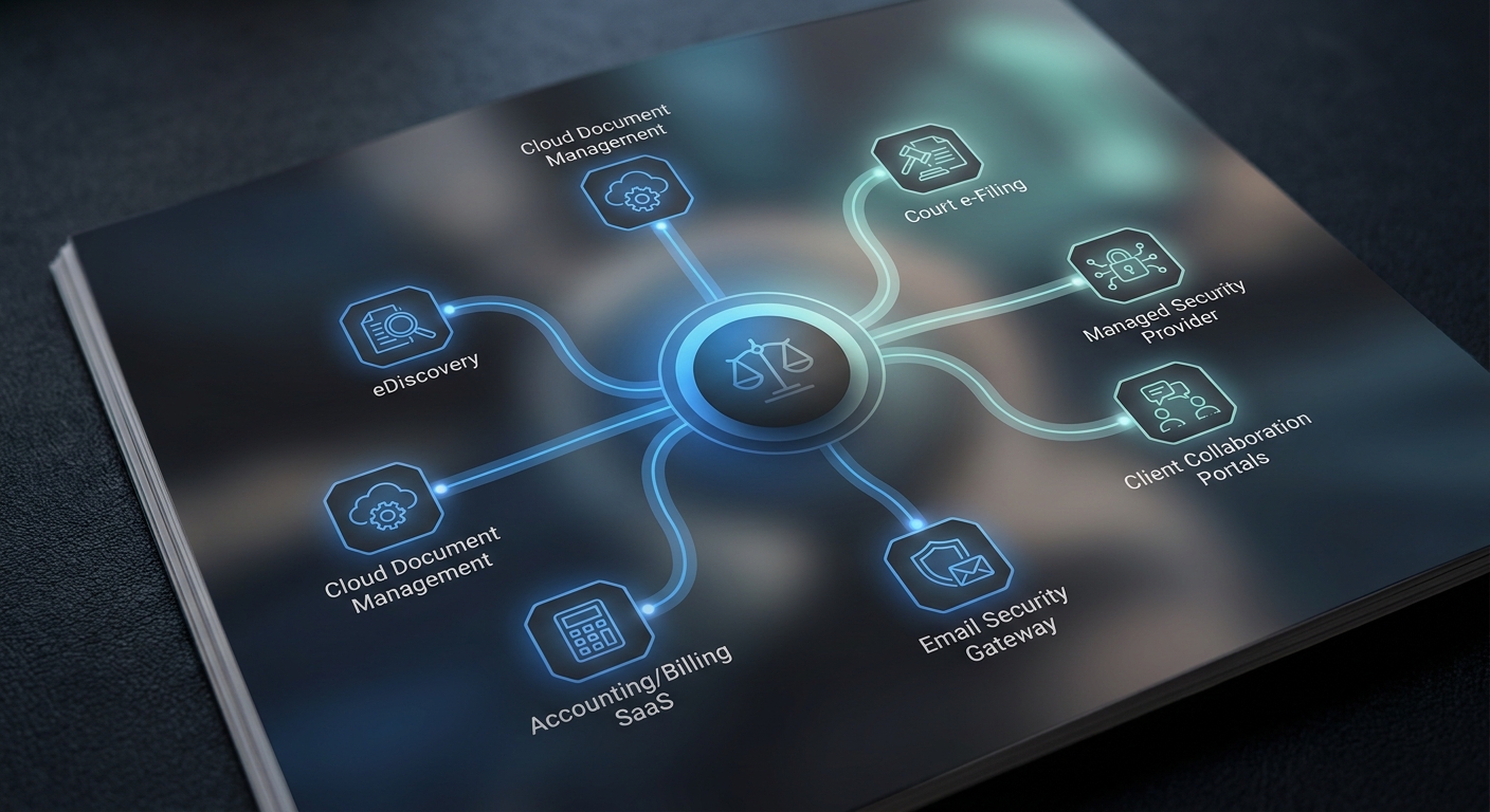 Illustration of a small law firm's vendor risk ecosystem with connected cloud and security services