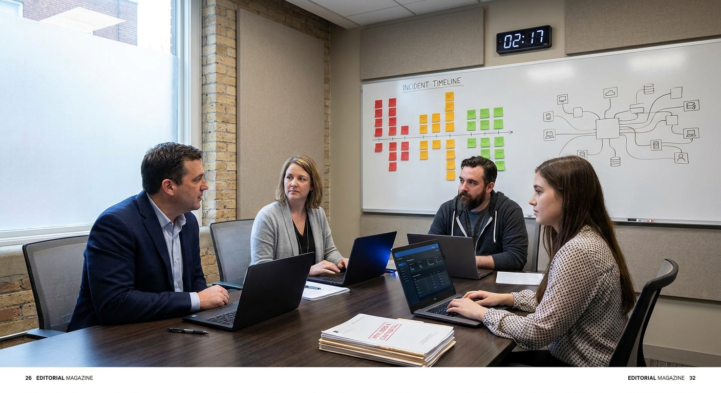 Cybersecurity tabletop exercise with legal and IT team coordinating around an incident timeline and network diagram