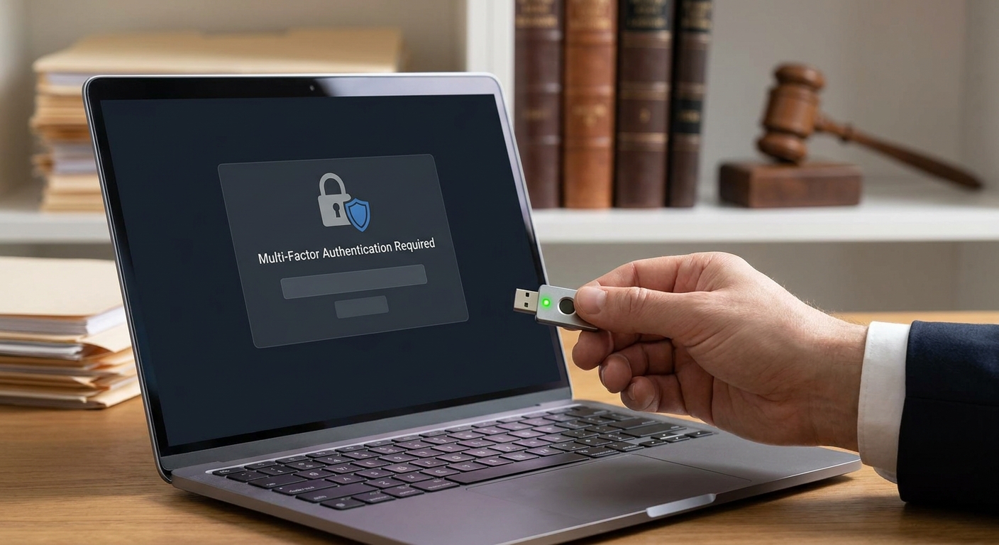 Close-up of a FIDO2 hardware security key near a laptop multi-factor authentication prompt in a law firm setting