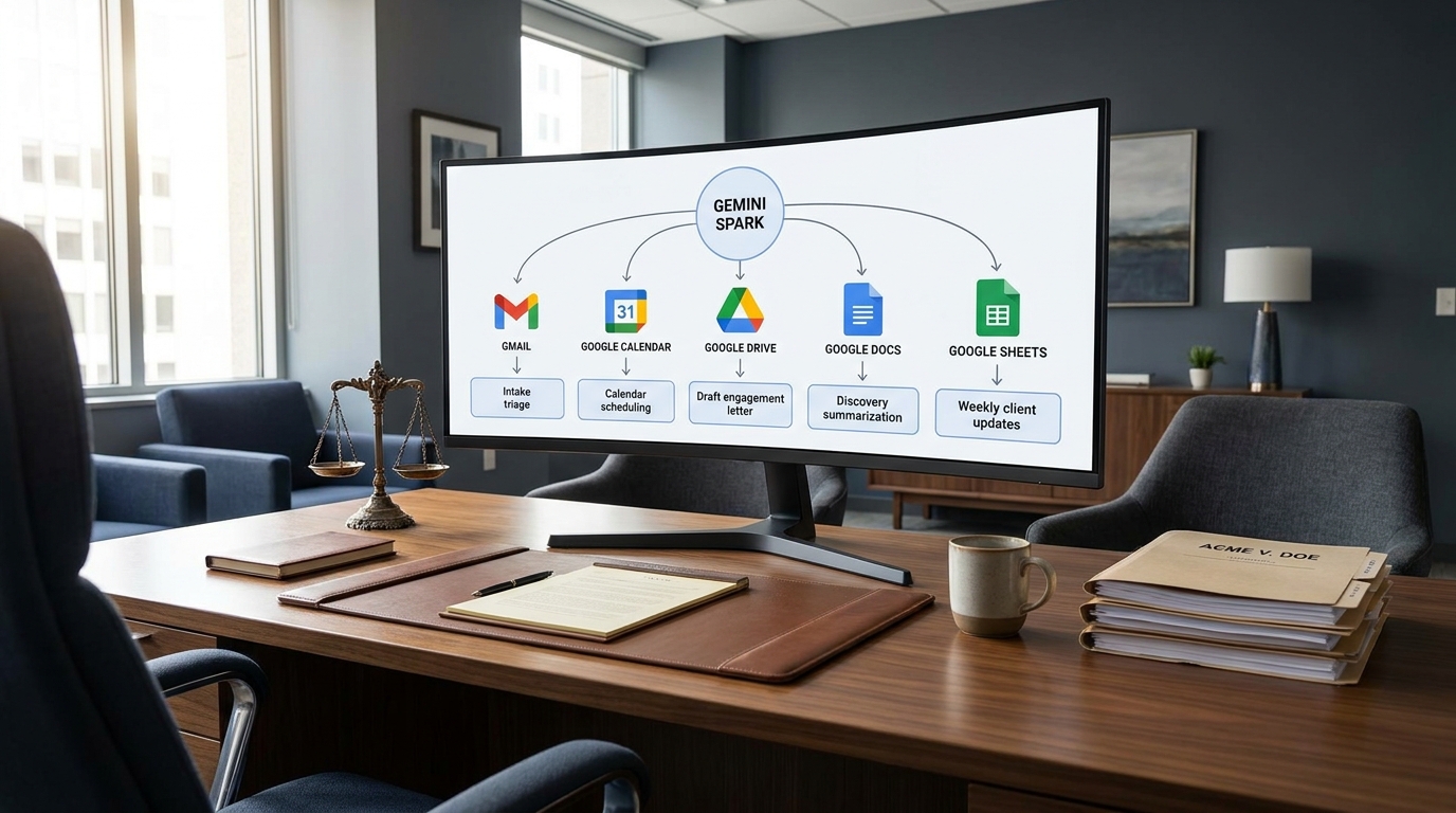 Boutique law firm workspace showing the Gemini Spark flow across Gmail, Calendar, Drive, Docs, and Sheets with tasks like intake triage, engagement drafting, discovery summaries, and weekly updates