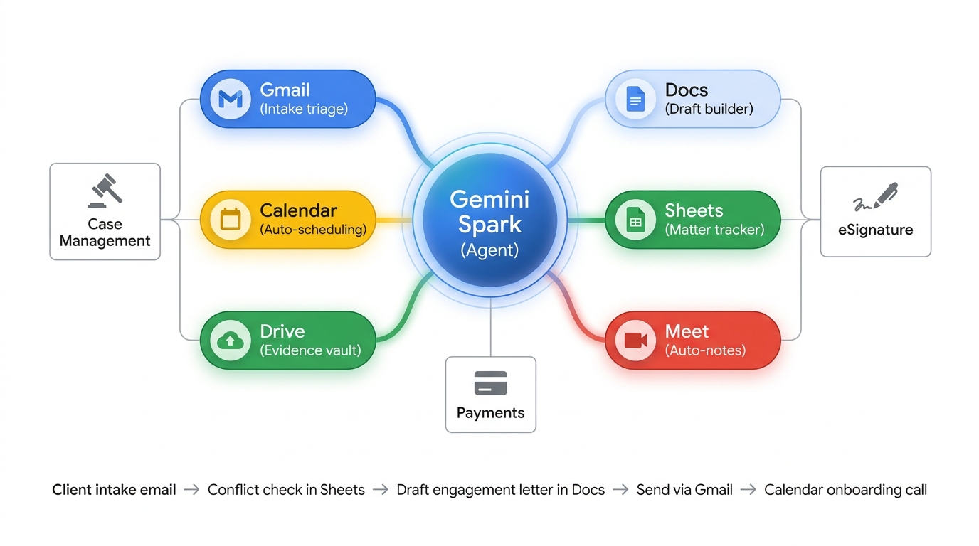 Process diagram showing Gemini Spark orchestrating Gmail, Calendar, Drive, Docs, and Sheets for a small law firm, including intake triage, conflict checks, document drafting, and scheduling