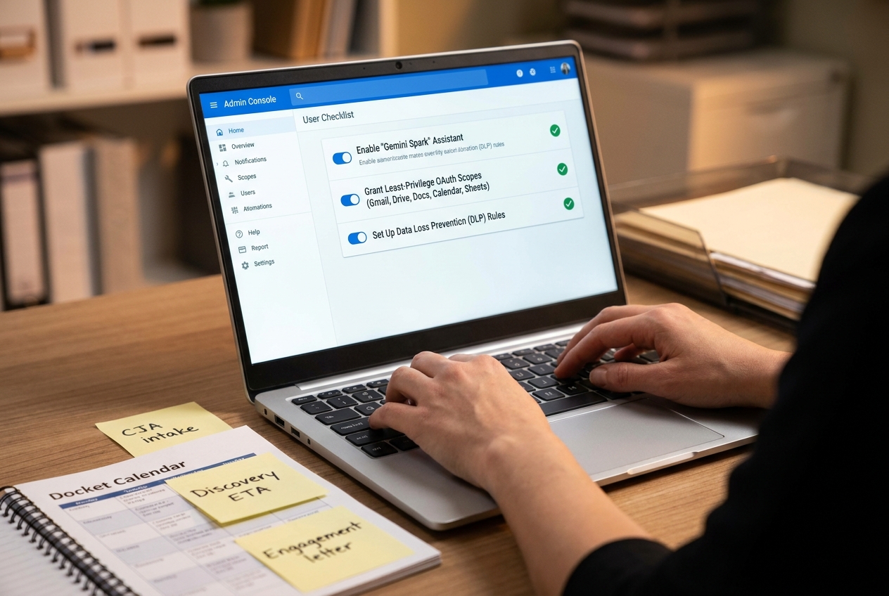 Paralegal configuring Gemini Spark access scopes and DLP in a Google Workspace-style admin console with least-privilege settings