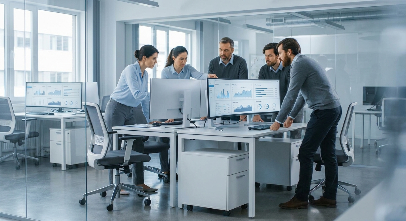 Small software team reviewing a GitHub Copilot AI credits dashboard in a modern startup office