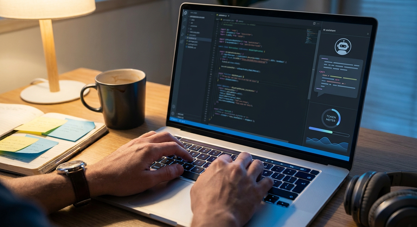 Developer working in a code editor with an AI assistant and a token meter visible on screen