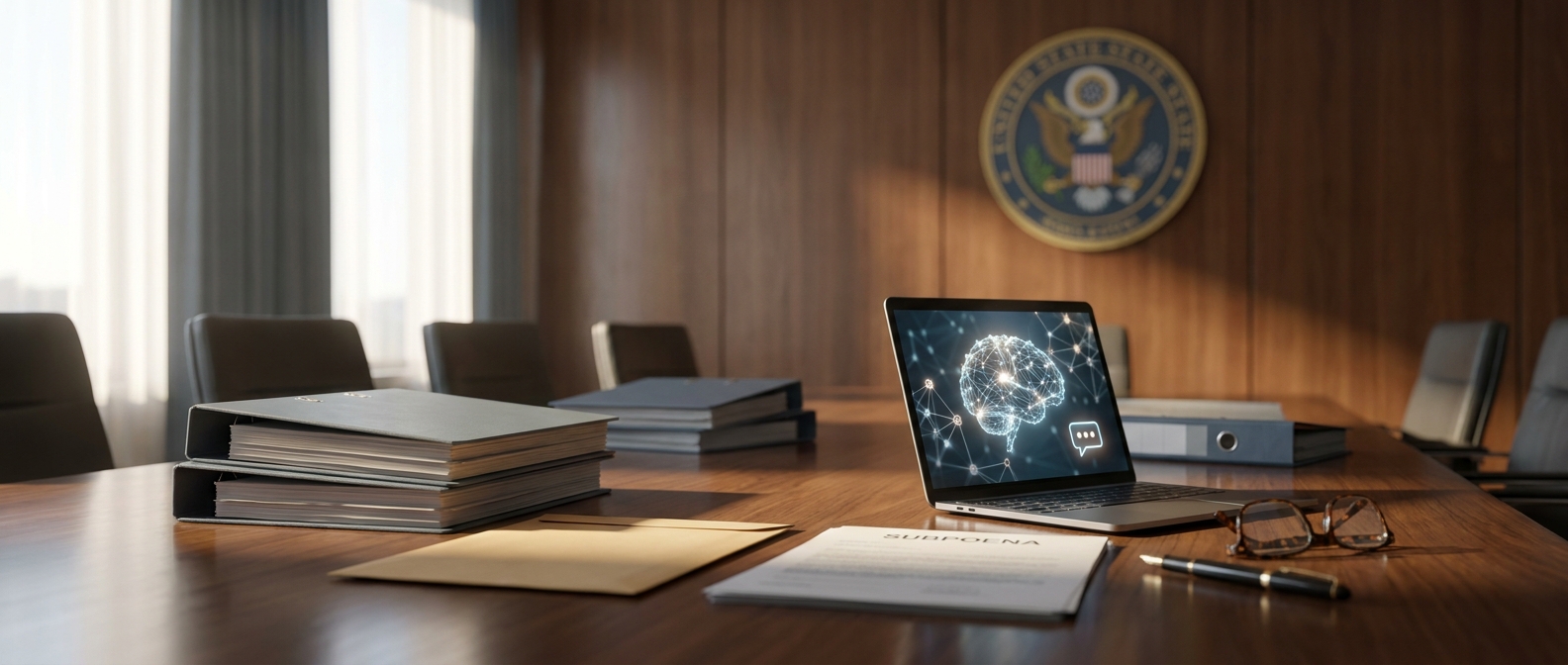 Editorial image of a government conference room table with legal files and a laptop showing abstract AI interface, representing regulatory investigation into AI providers and compliance oversight