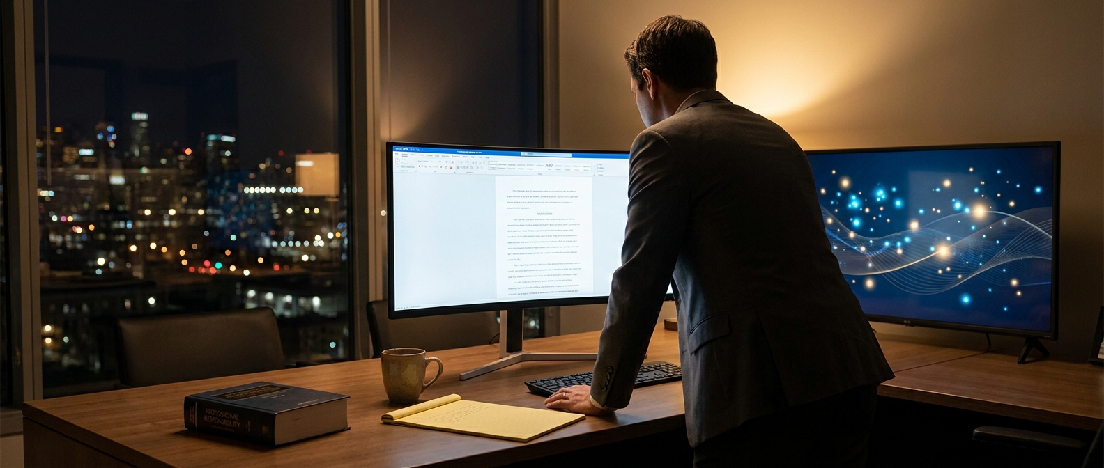 Solo attorney reviewing a contract at night with a secondary monitor showing an abstract AI assistant window, symbolizing responsible AI-assisted drafting in a boutique practice