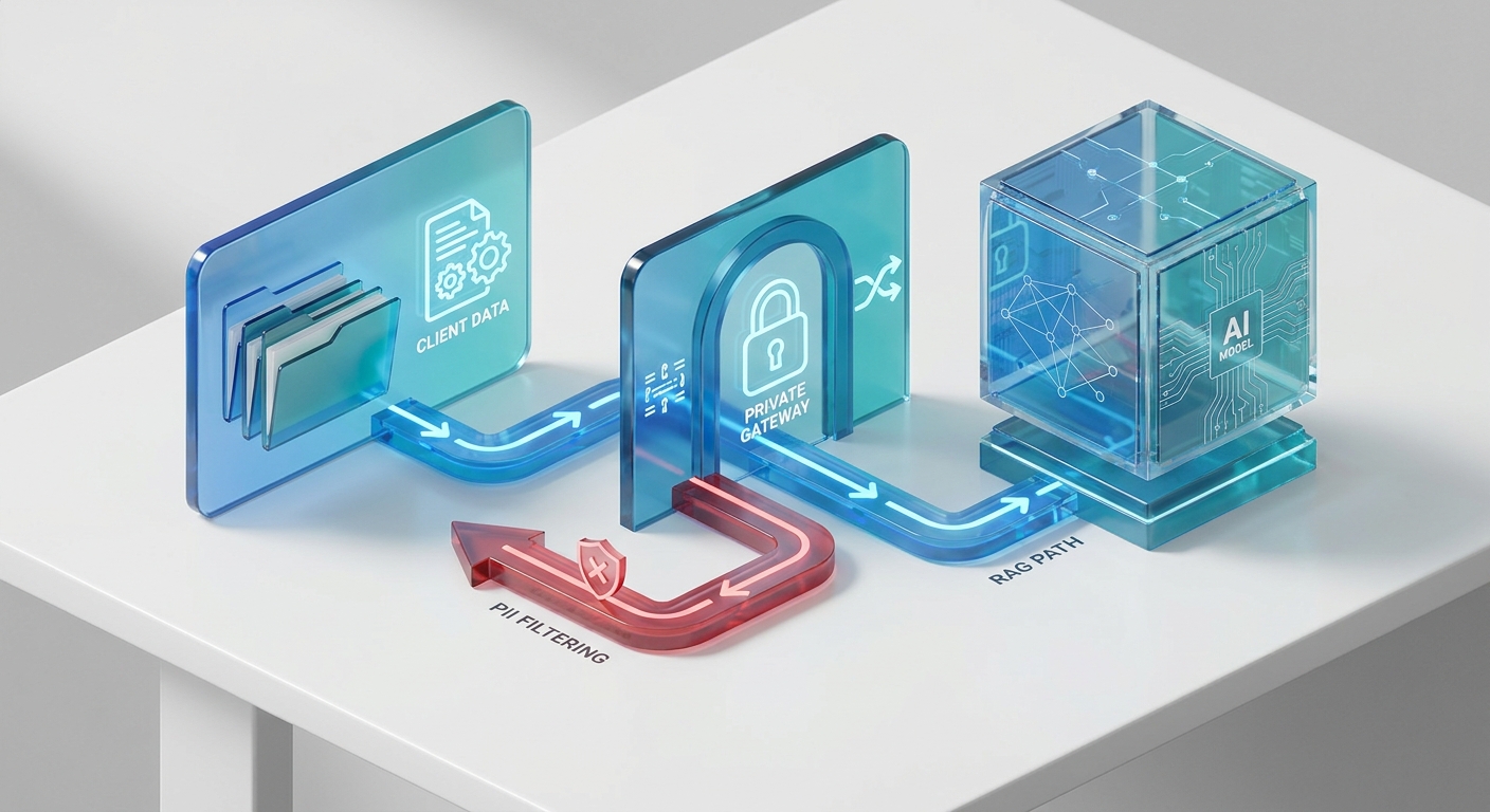 Isometric diagram illustrating a secure AI data flow for a law firm using retrieval-augmented generation, encryption, and PII filtering before large language model prompts