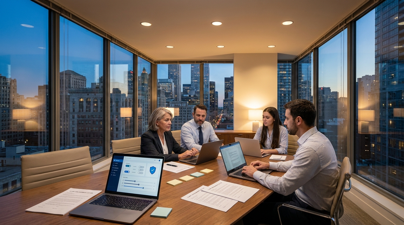 Boutique law firm team collaborating in a conference room while reviewing an AI usage policy dashboard on a laptop, representing governance and training