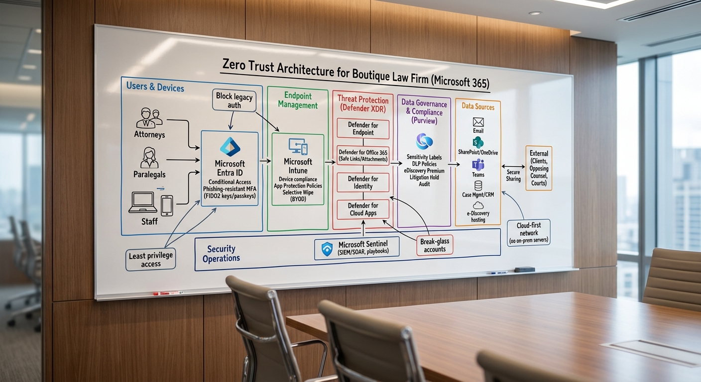 Zero Trust security architecture for a small law firm in Microsoft 365: Entra ID Conditional Access, FIDO2 MFA, Intune, Defender XDR, Purview, and Sentinel