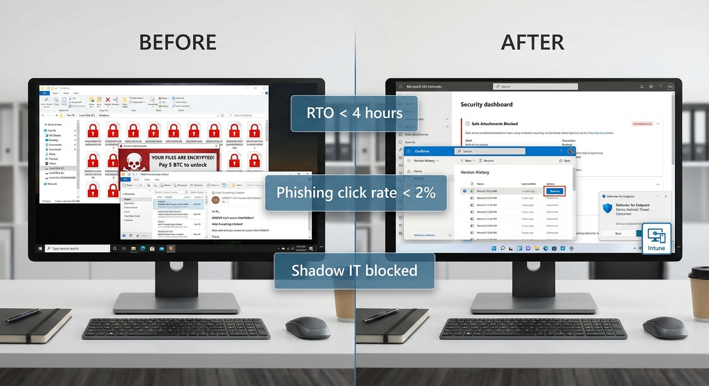 Before-and-after view: law firm hit by ransomware versus Microsoft 365 protections blocking and recovering with Defender and OneDrive