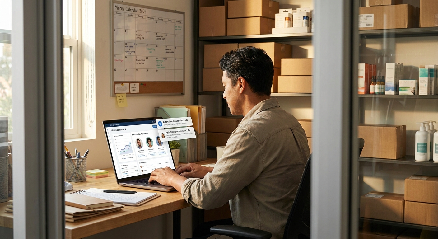 Small business owner reviewing an AI-powered hiring dashboard that automates frontline recruiting and onboarding