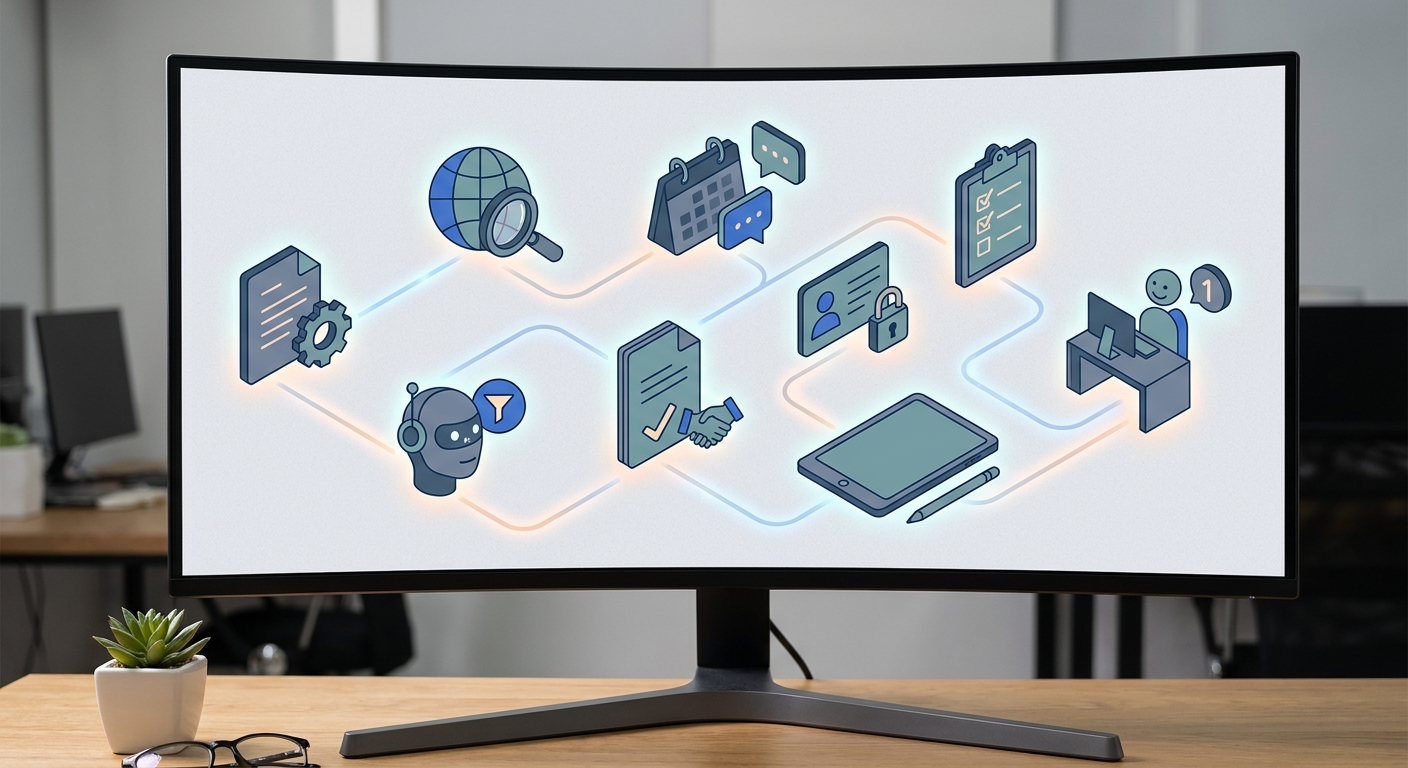 Isometric illustration of an AI-powered hiring and onboarding pipeline for small businesses, from sourcing to day-one readiness