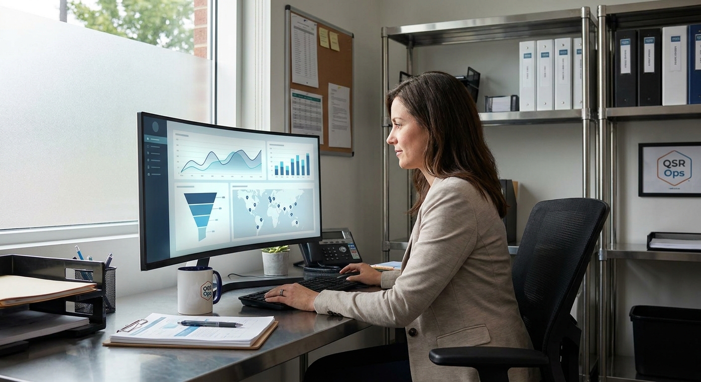 Operations manager reviewing a multi-location hiring and onboarding analytics dashboard to improve frontline staffing