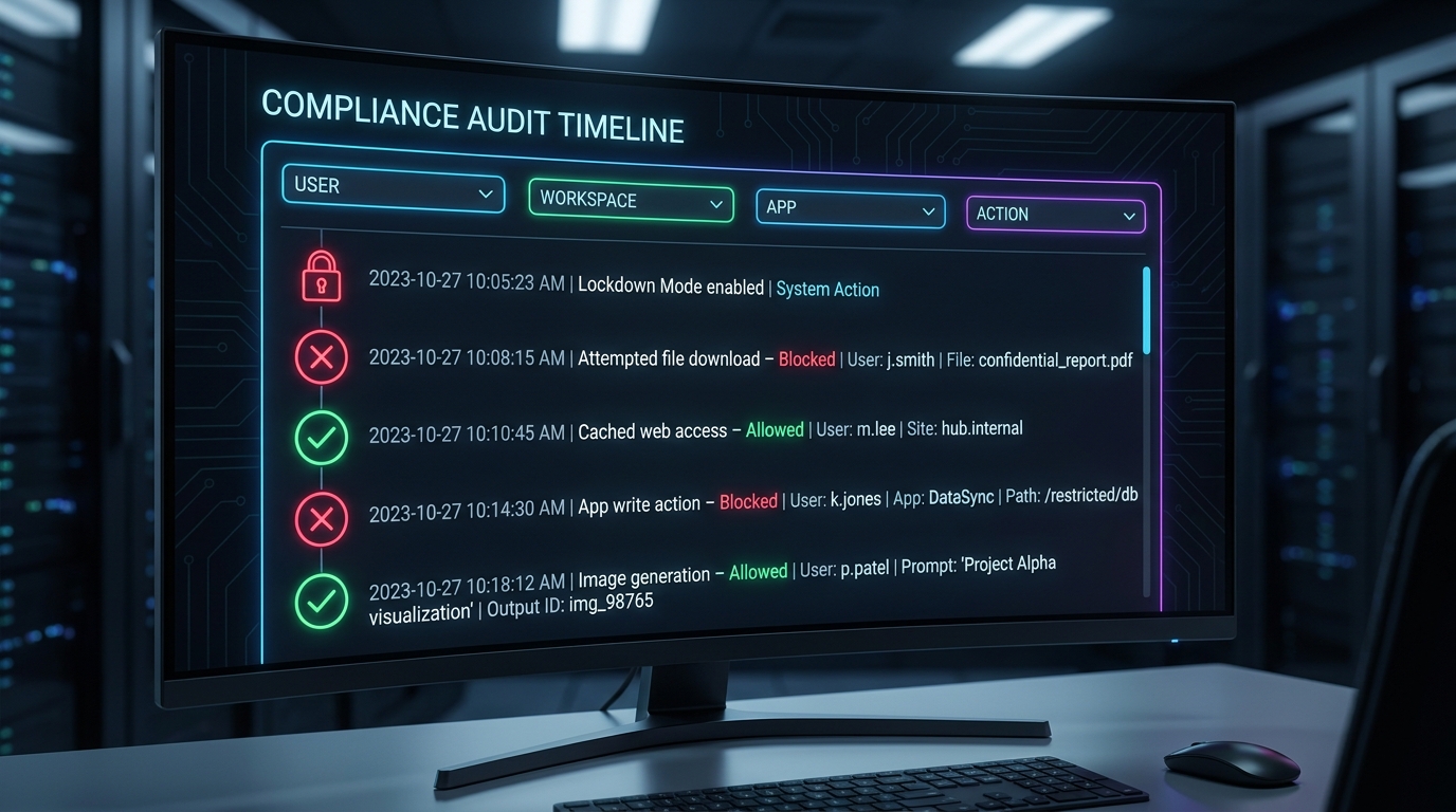 Compliance dashboard timeline: Lockdown Mode enabled, attempted file download blocked, cached web access allowed, app write action blocked