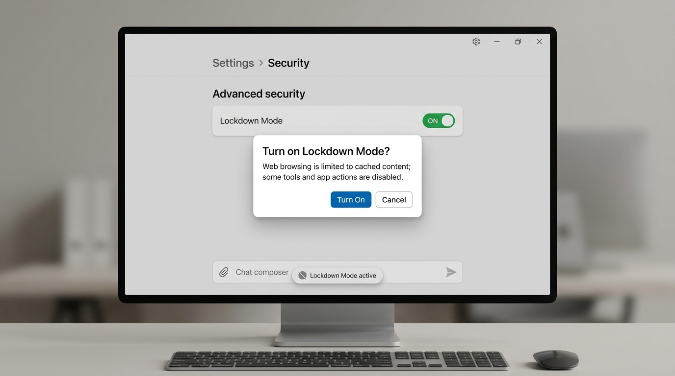UI mockup: Admin settings showing Lockdown Mode toggle with confirmation that web is cached and certain tools are disabled