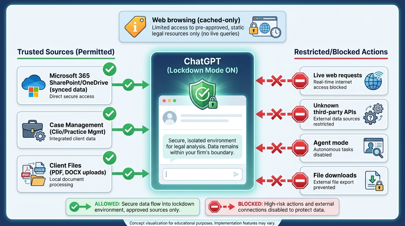 Diagram: OpenAI Lockdown Mode protecting a law firm’s data—trusted Microsoft 365 sources allowed; live web, unknown APIs, agent mode blocked