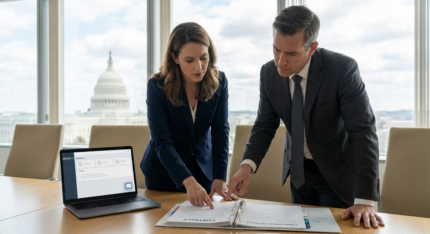 Small business owner and law firm counsel reviewing AI compliance in a conference room with U.S. Capitol backdrop