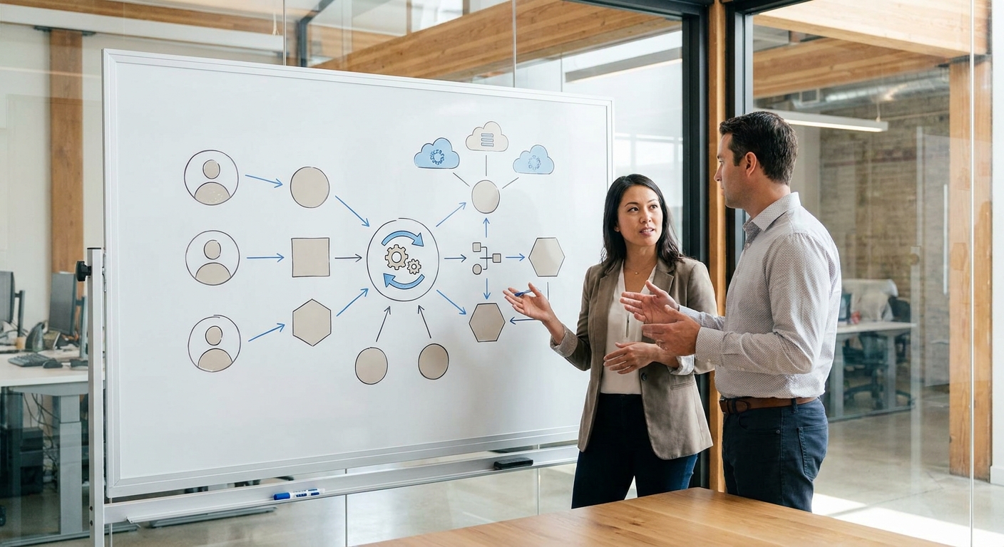 Editorial illustration of a vendor-agnostic AI stack with multiple model endpoints and orchestration