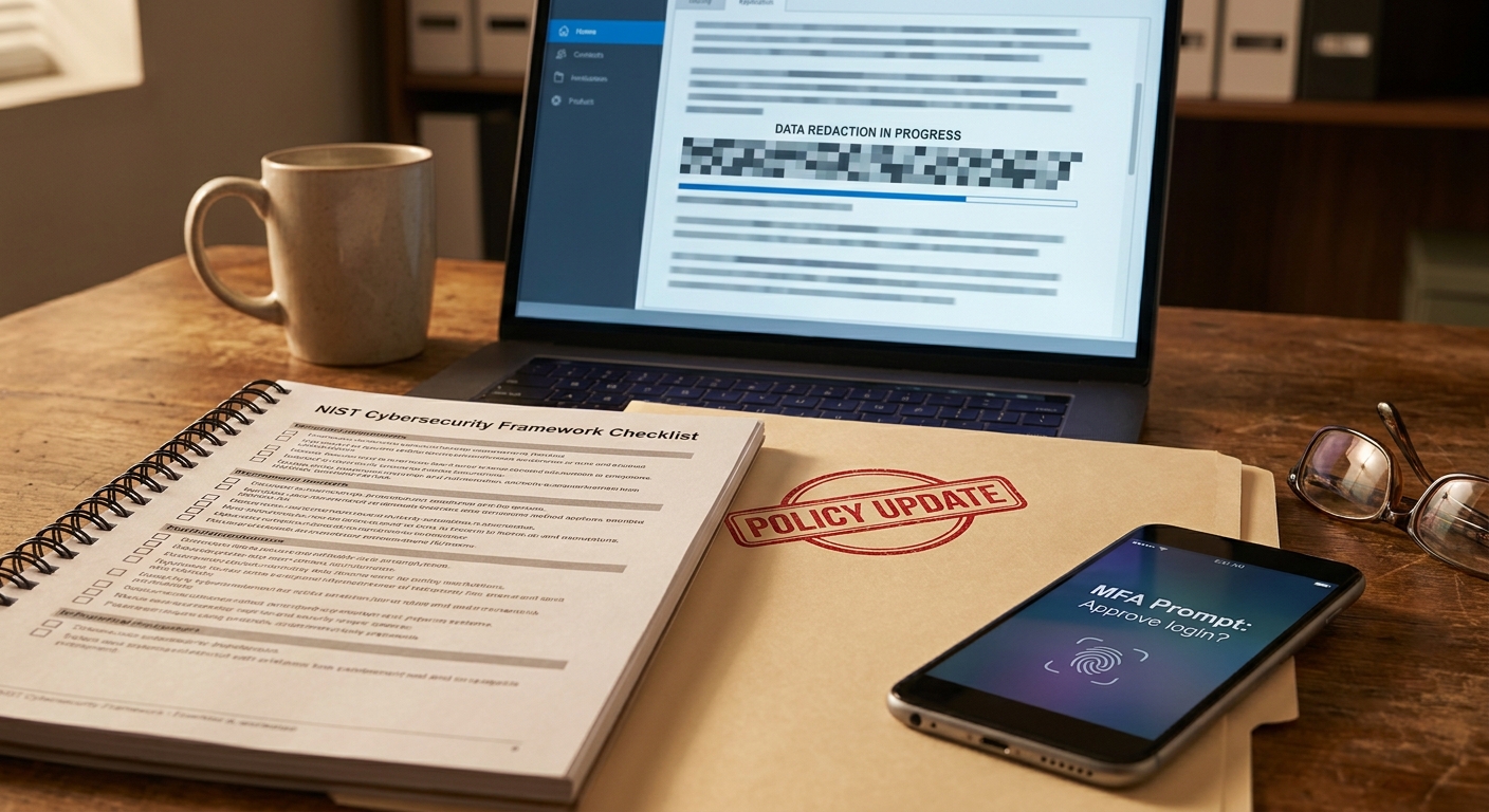 Compliance officer’s desk with NIST-style checklist, policy update folder, MFA prompt, and data redaction on screen