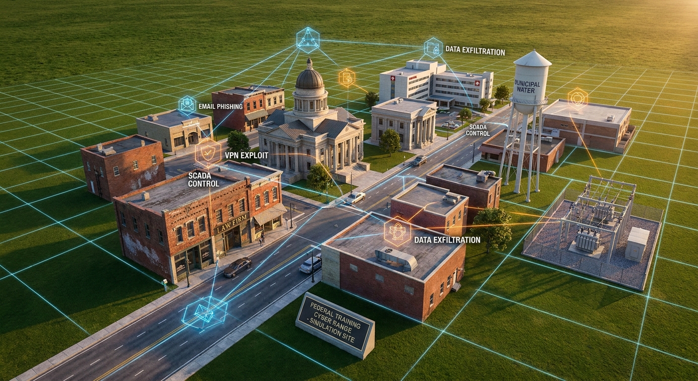 Aerial view of a replica training town illustrating cyberattack pathways mapped to a boutique law firm’s systems