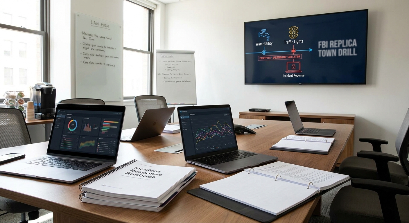 Law firm tabletop exercise room with incident runbooks and simulated ransomware timeline on a display
