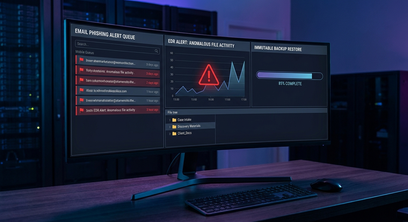 Security operations dashboard vignette showing phishing alerts, EDR containment, and immutable backup restore progress for a law firm