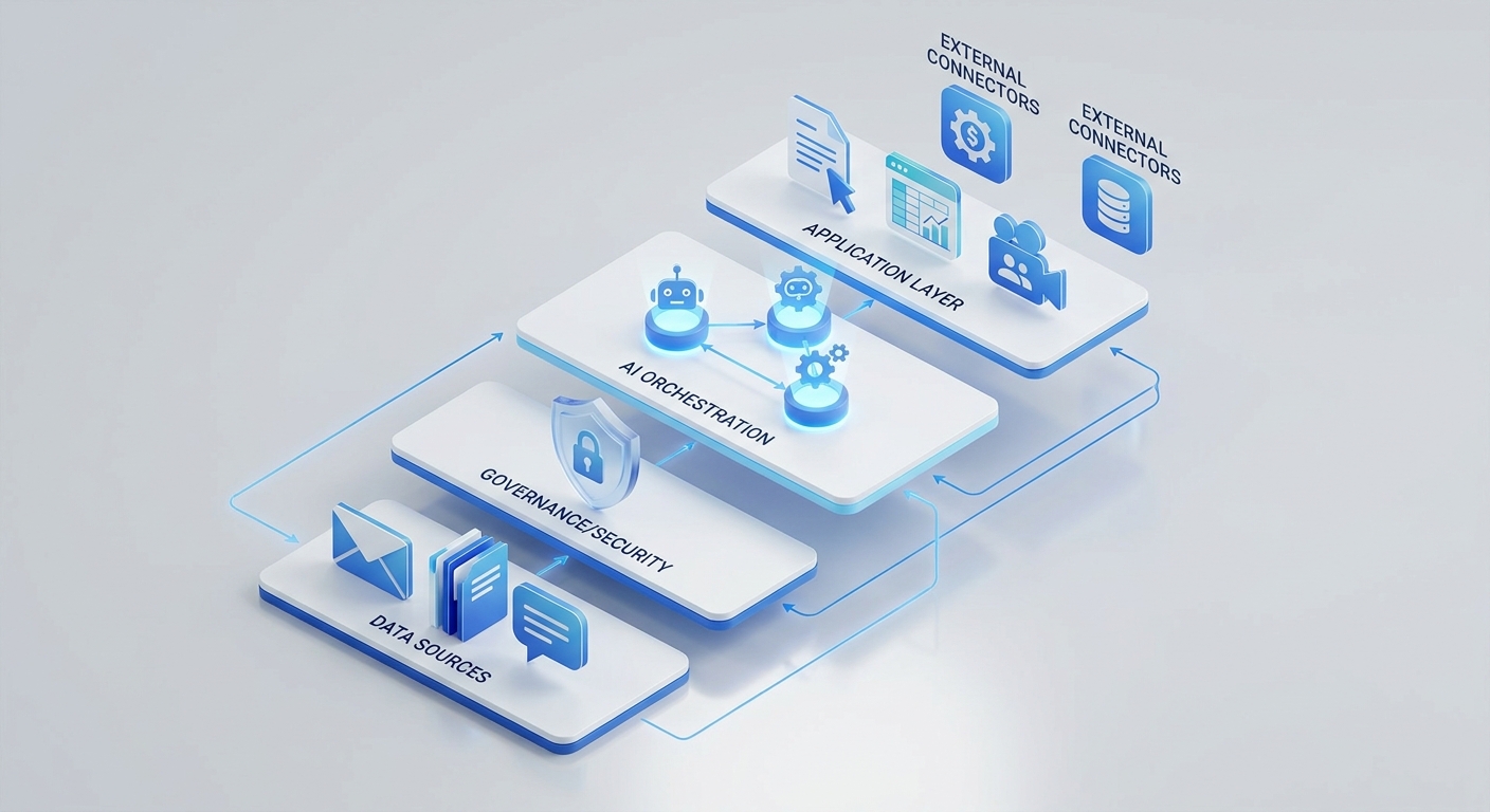 Isometric diagram showing a Microsoft-first AI rollout stack with data sources, governance, orchestration, applications, and external connectors