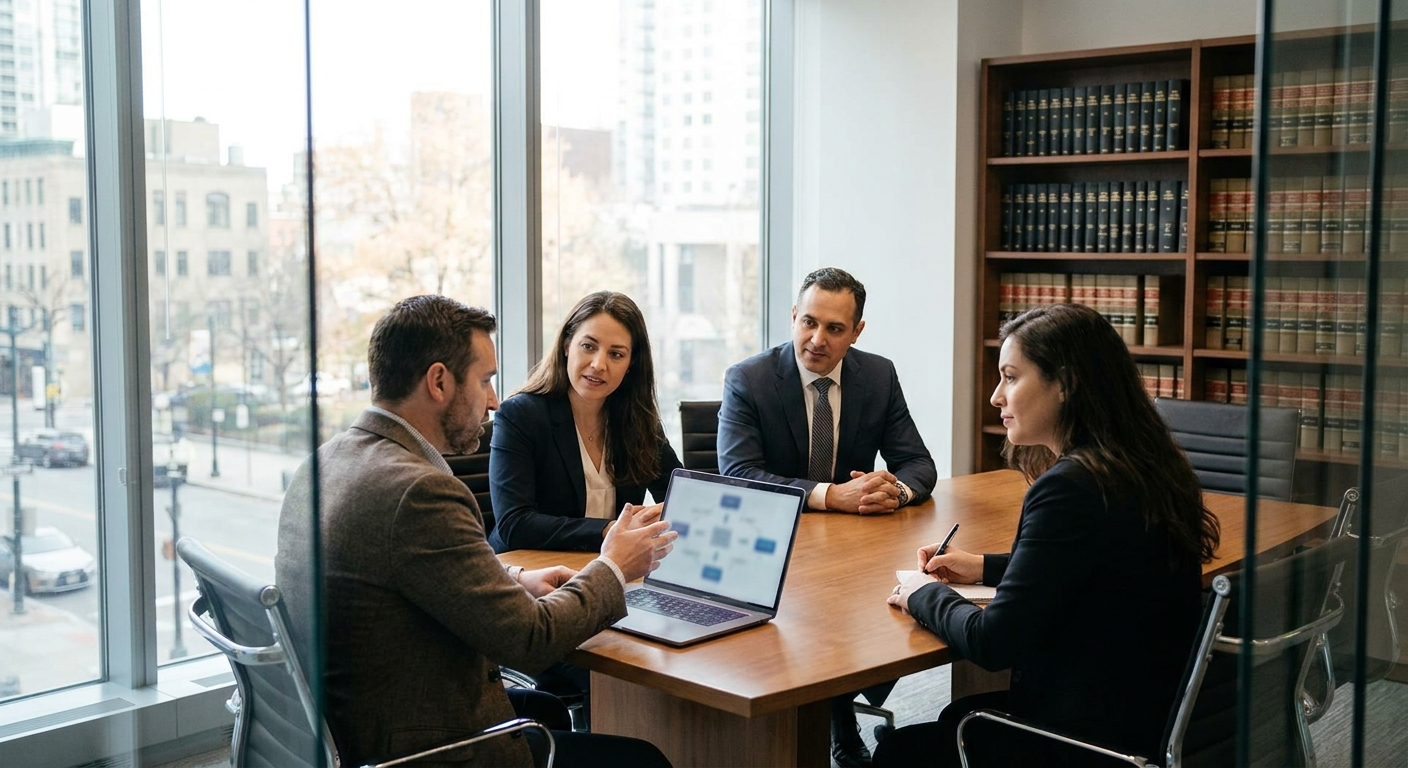 Small law firm partners and operations manager collaborating with an embedded AI deployment consultant in a conference room