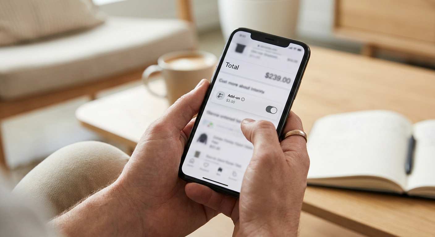 Hidden, preselected add-on fee below the fold during mobile checkout, illustrating dark pattern risk under FTC enforcement