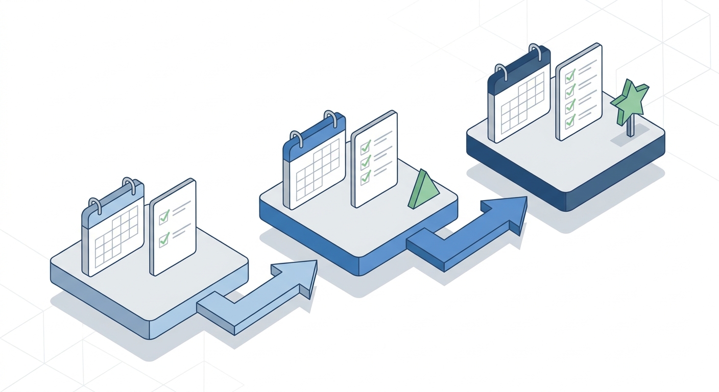 Isometric illustration of a 30-60-90 day AI implementation roadmap with staged milestones and checklists