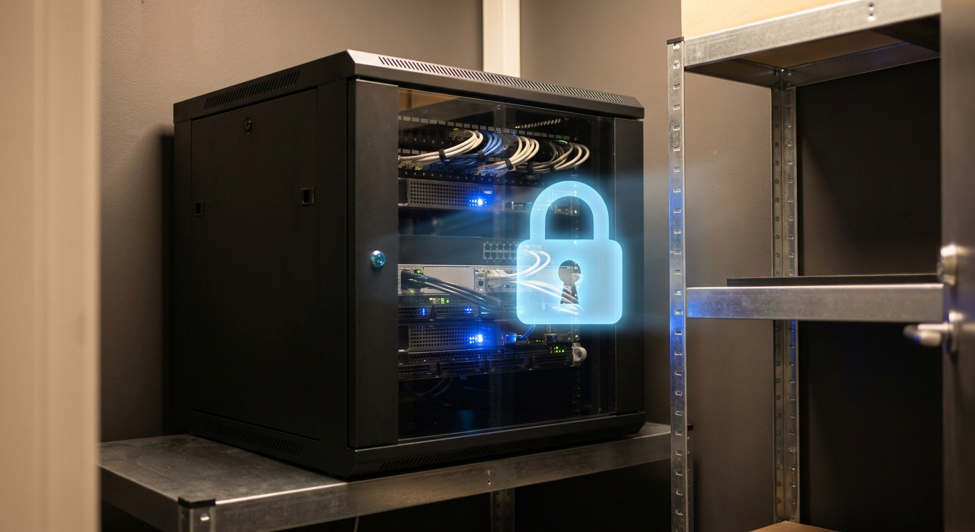 Secure small office server rack symbolizing on-premises AI deployment and client data confidentiality