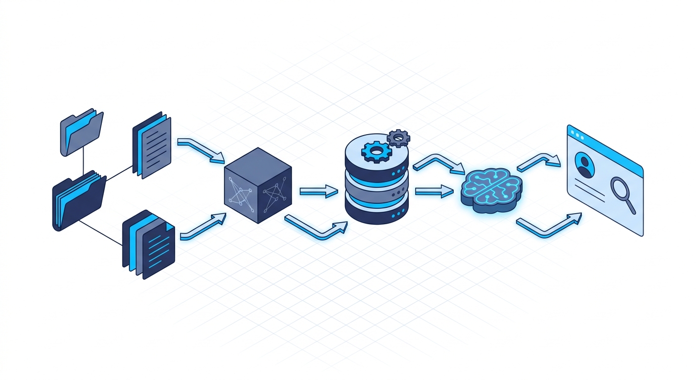 Isometric diagram of a Retrieval-Augmented Generation workflow connecting documents, embeddings, vector database, and an open-weight LLM