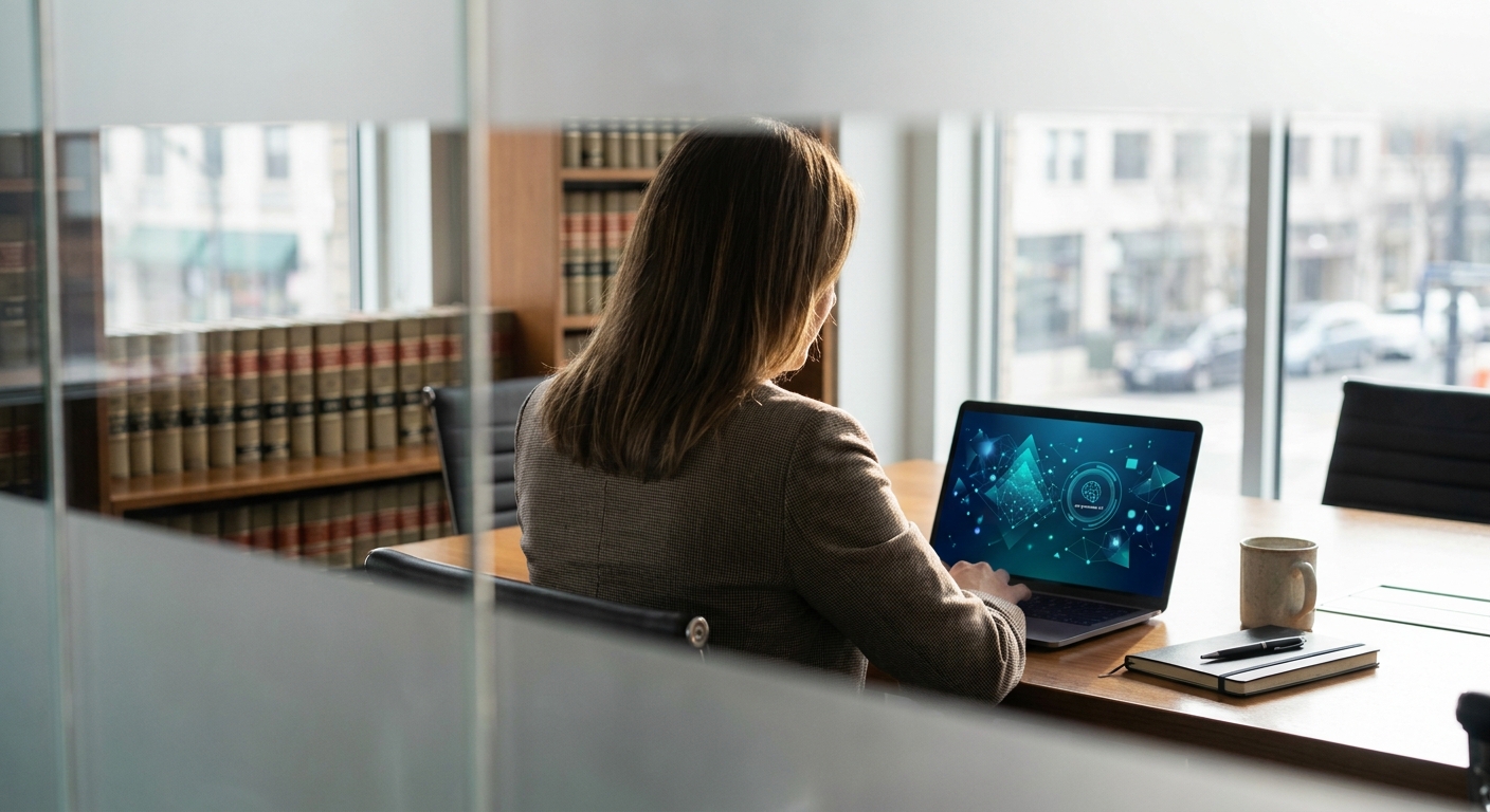 Operations manager at a small law firm reviewing a private AI dashboard on a laptop in a glass-walled conference room