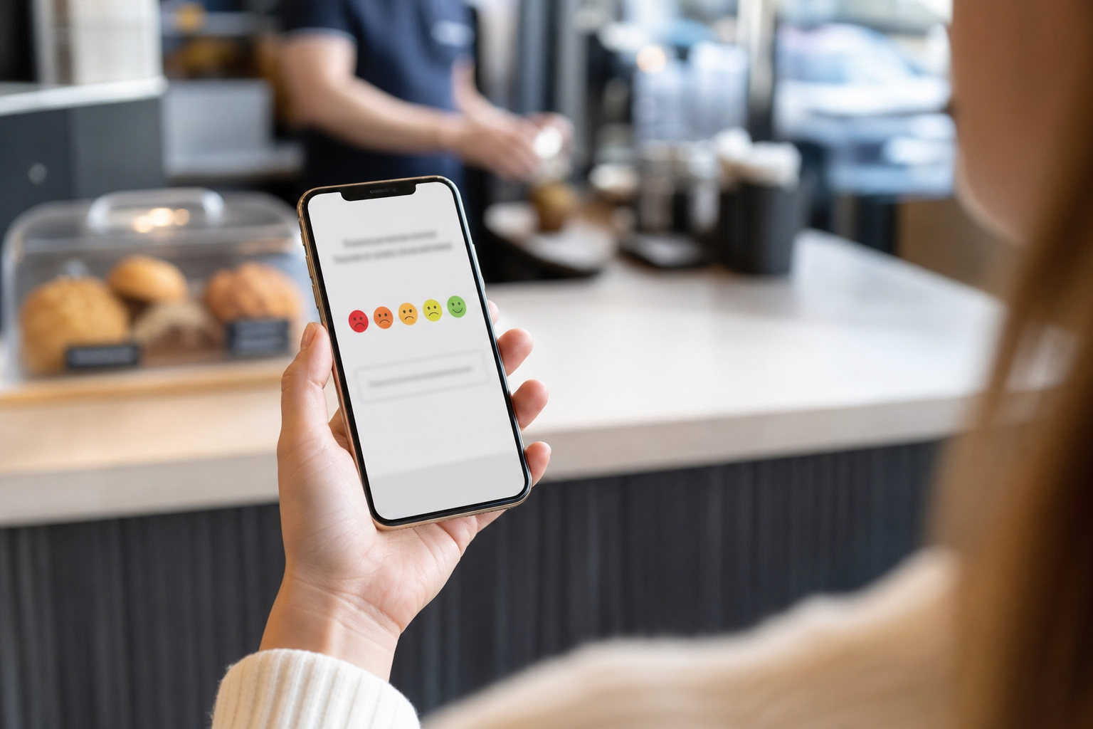 Customer completing a one-question micro-survey on a smartphone at a local café to improve engagement insights