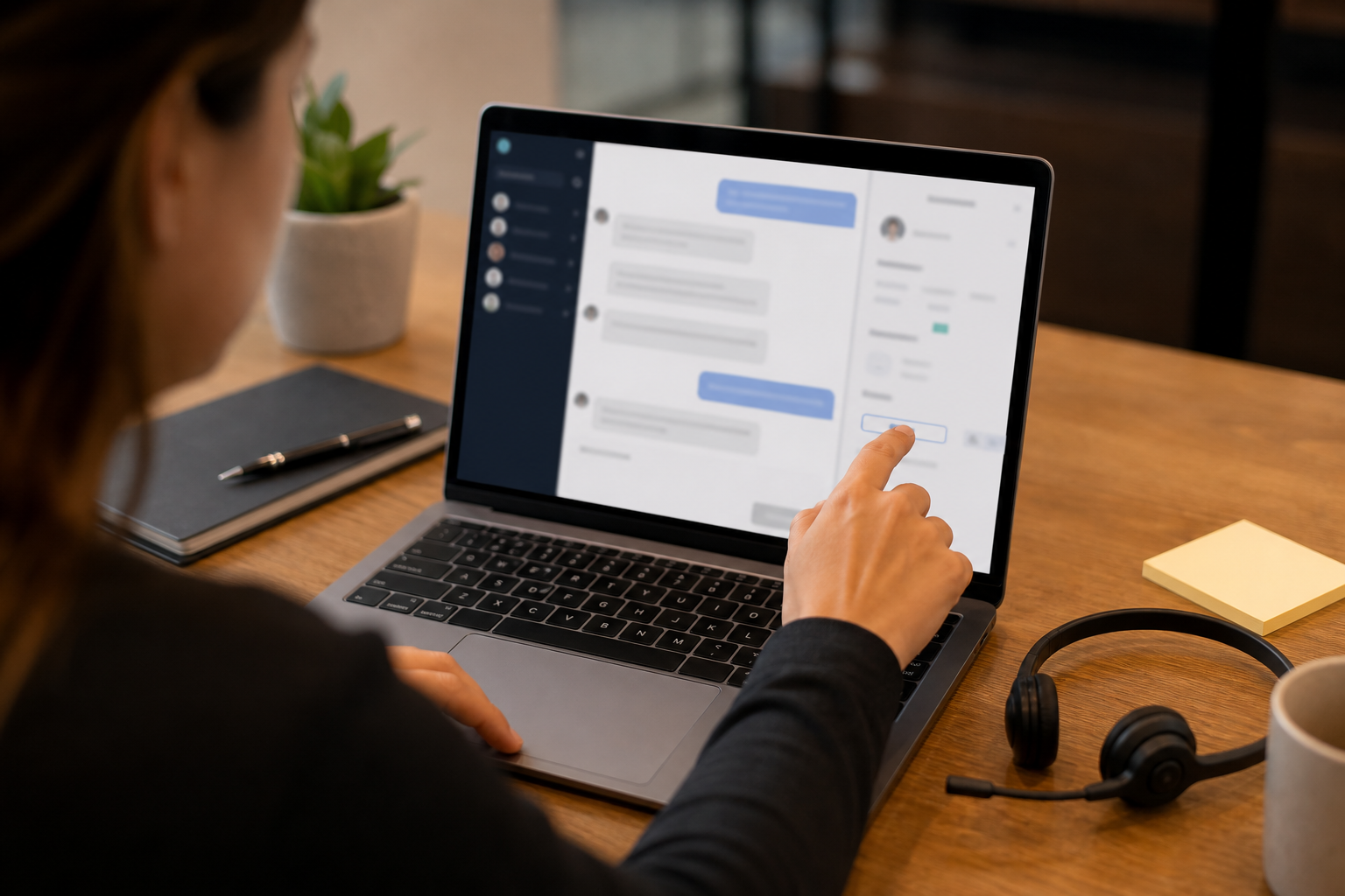 Support agent using a live chat dashboard with AI triage and human handoff to improve customer engagement