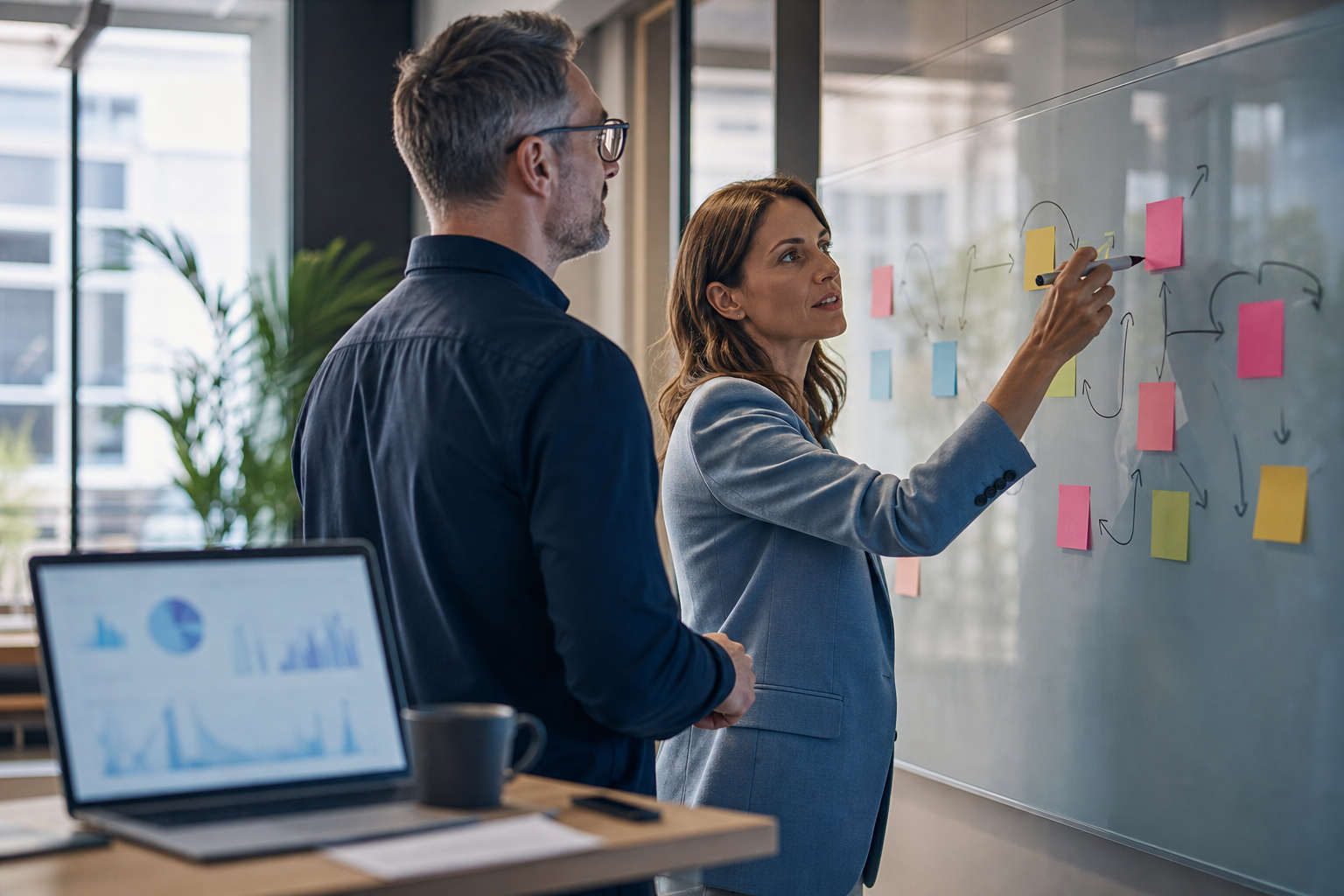 Small business owner and operations manager mapping a customer journey on a glass whiteboard to identify engagement friction